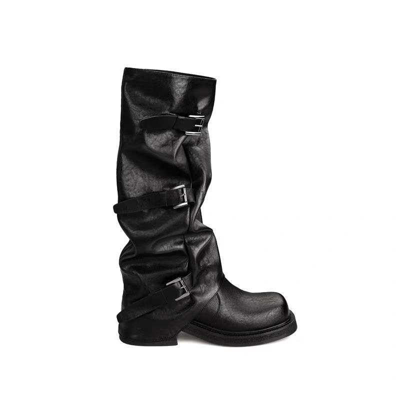 Height increase of 6cm~ fashionable belt buckle square round head pleated medium tube knight boots women's long boots