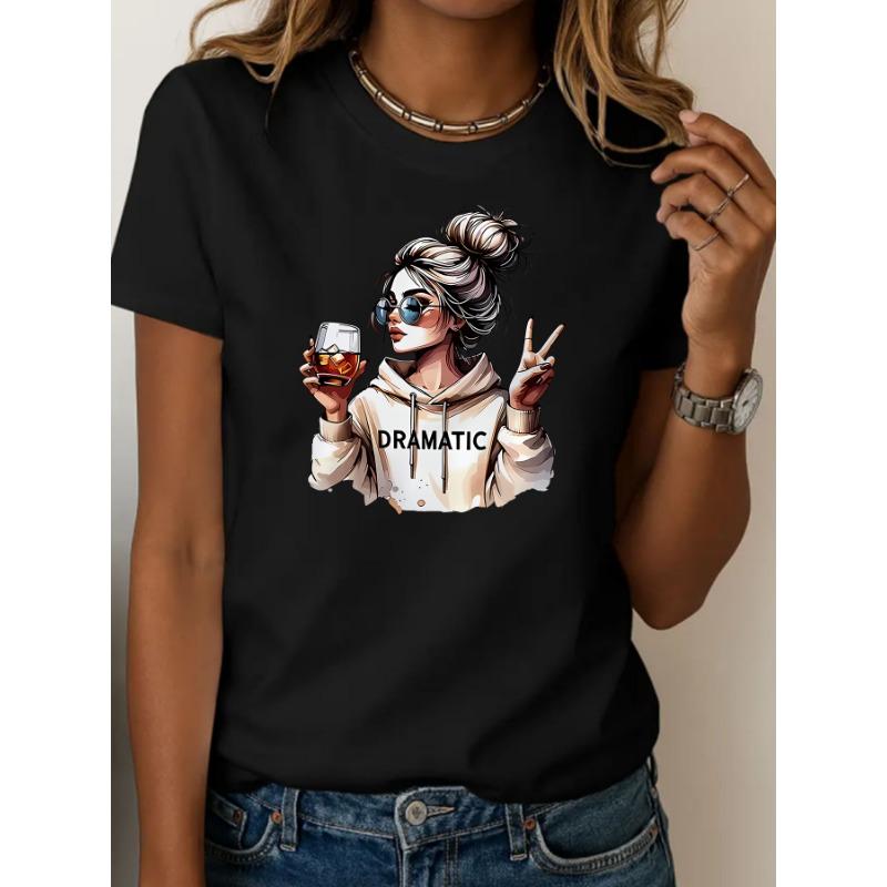 Streetwear 90s Women'S Casual Graphic T-Shirt "Dramatic" Print with Wine Print Short Sleeve T Shirt Clothing Top Tee