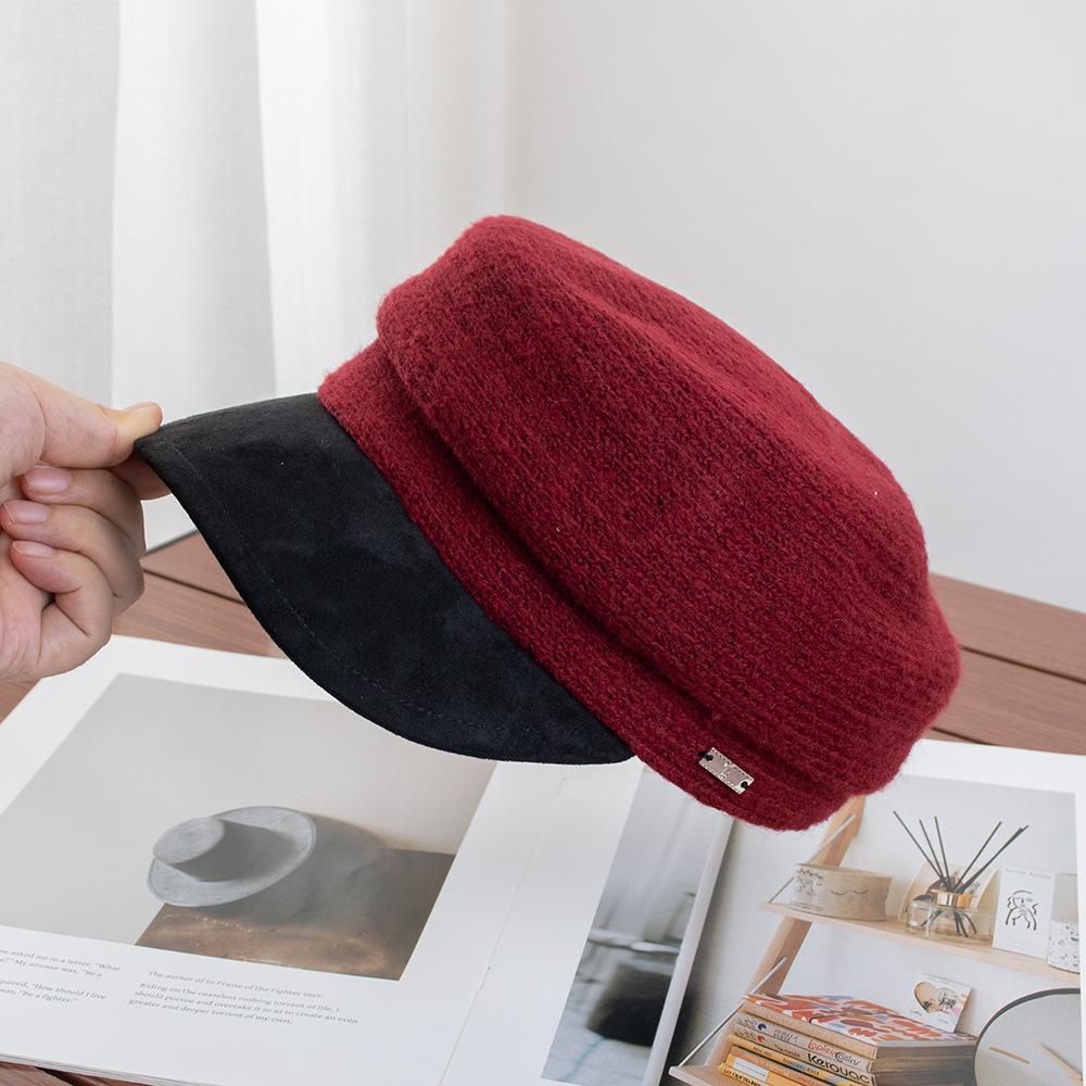 Old Money Woolen Color Matching Flat Top Hat Female Autumn Face Small Octagonal Hat Socialite Casual Beret Newsboy Hat