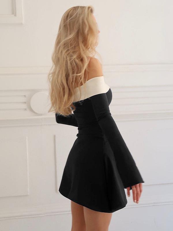 French-European Fashion One-Shoulder Color-Block Layered Slim Fit Long Sleeve Dress