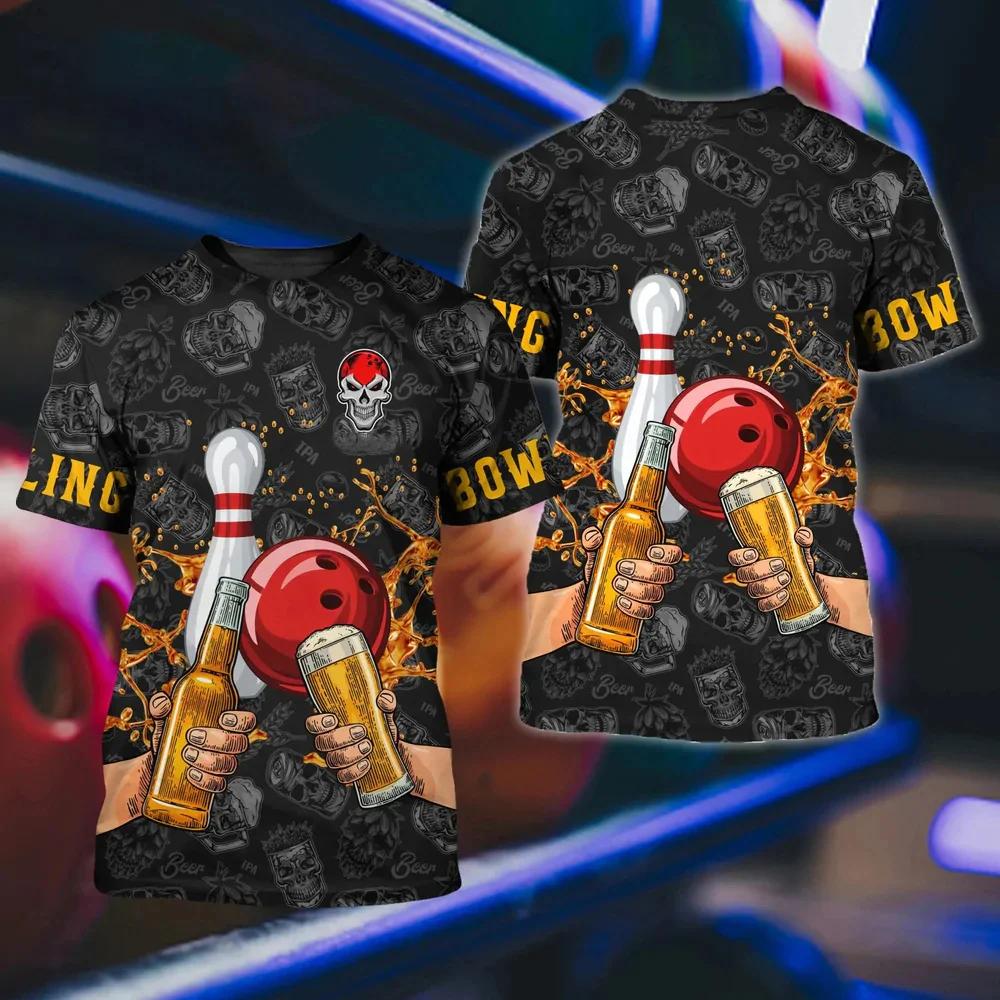Fashionable Bowling Pictures For Men's T-Shirts Trend Digital Printing Casual Round Neck Short Sleeved Tops
