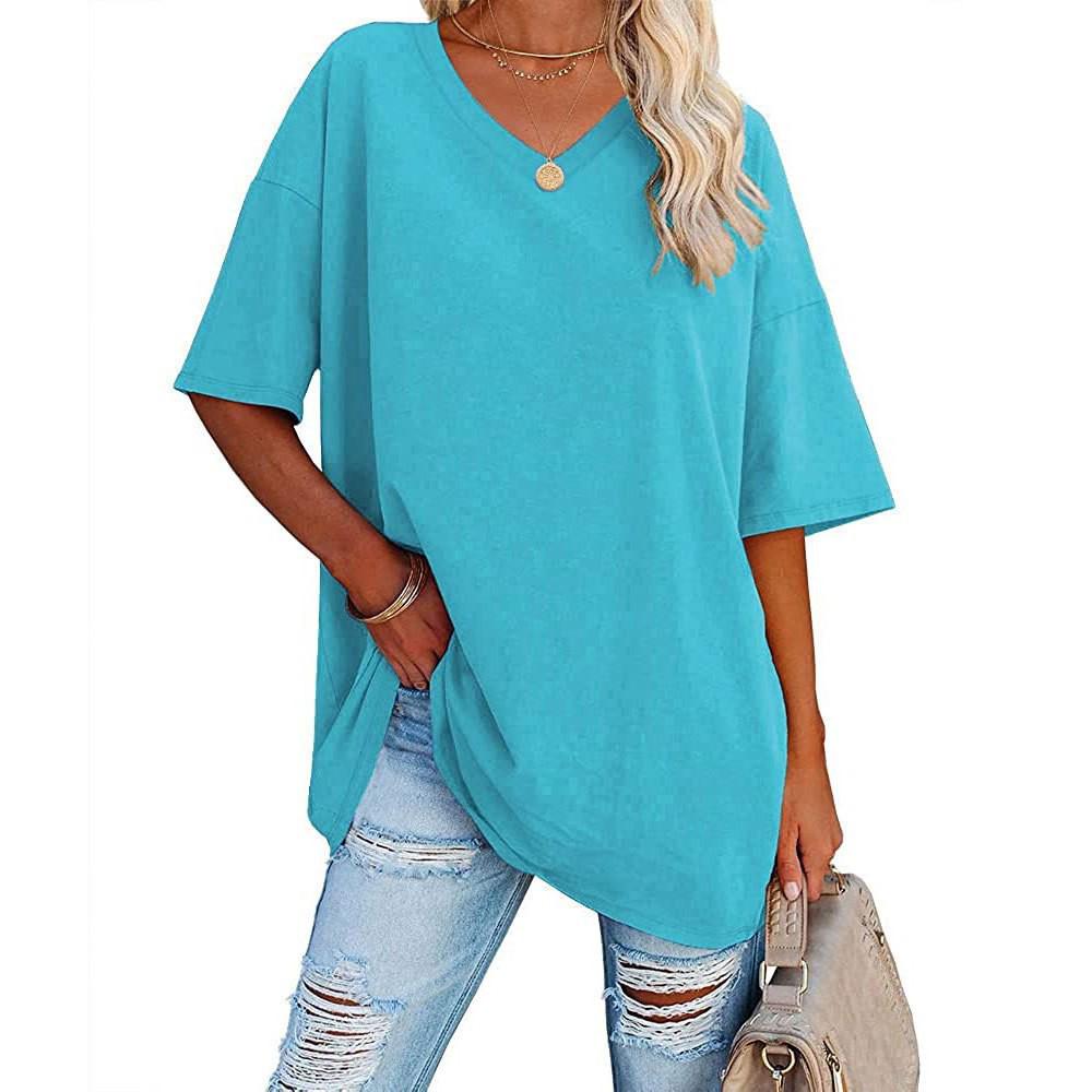 European and American Women's Summer V-Neck Loose Cotton Top – Solid Color, Short-Sleeve