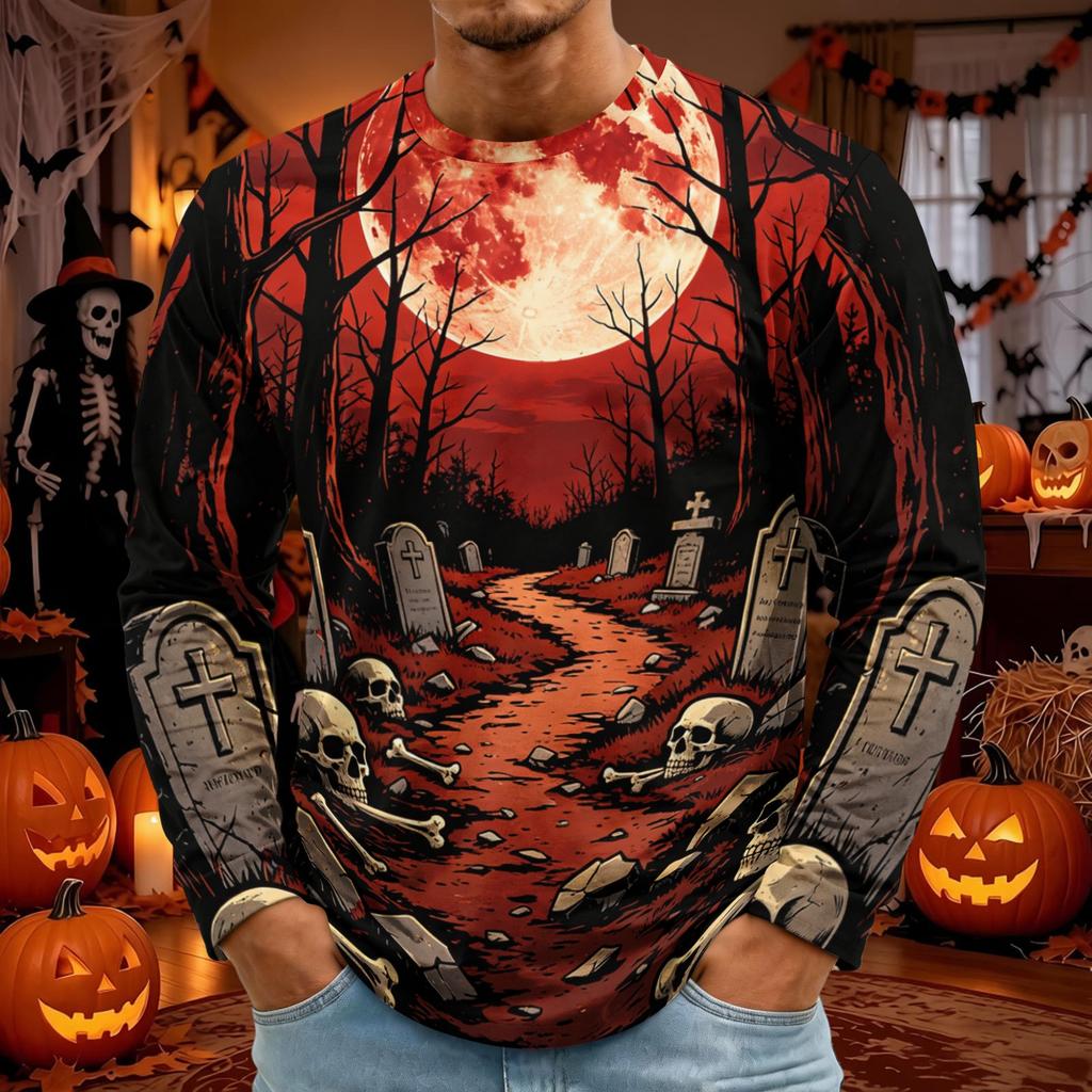Men's Halloween Print Long Sleeve Neck T-Shirt for Holiday Party