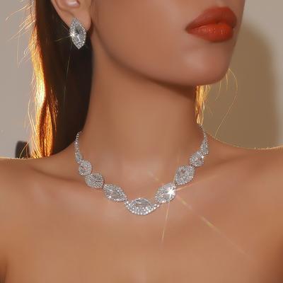 Temperament Rhinestone Necklace Earrings Set, Fashion Zircon Necklace Earrings Two-piece Bridal Jewelry Set