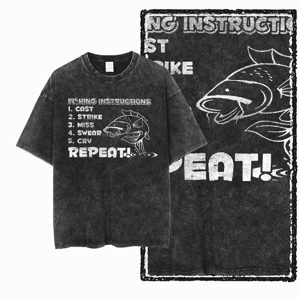 T-shirt Unisexe Imprimé Pêche Coton Noir Lavé Cool Style Streetwear Grande Taille Col Rond