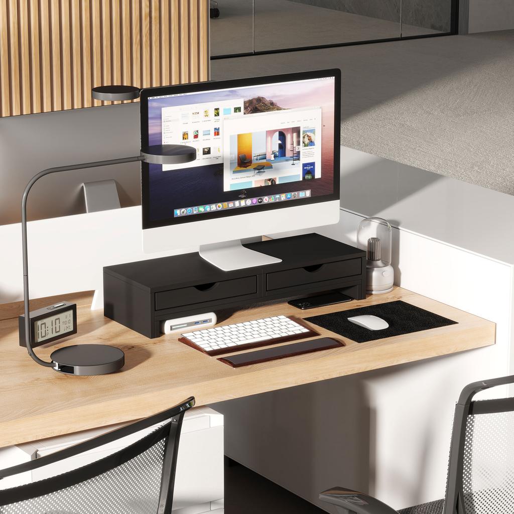 Dual Monitor Stand Riser with 2 Drawers, Adjustable Length and Angle, 116cm Monitor Riser for Laptop, Computer, PC, Small Printer, Black