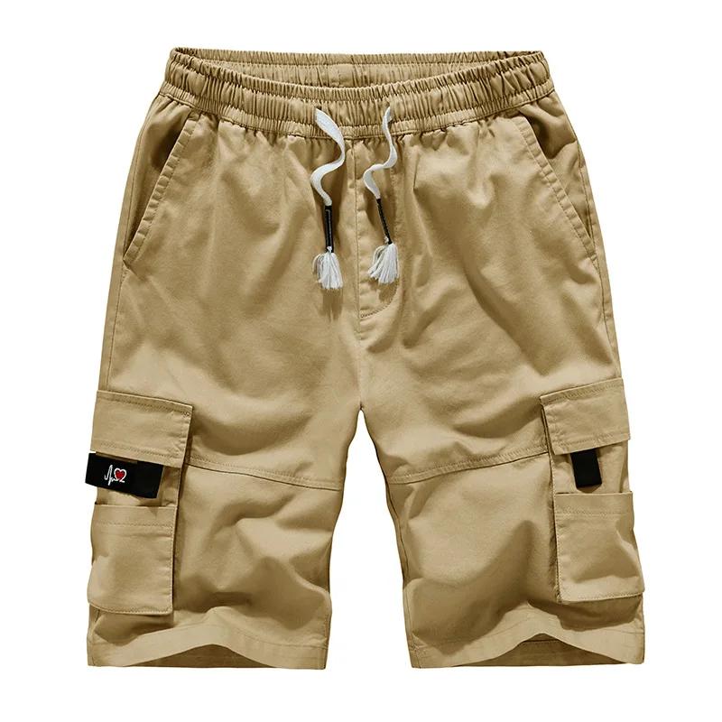 2026 Summer Cotton Mens Cargo Shorts Men Loose Multi Pocket Casual Short Pants Elastic Waist Knee Length Casual Shorts Plus Size