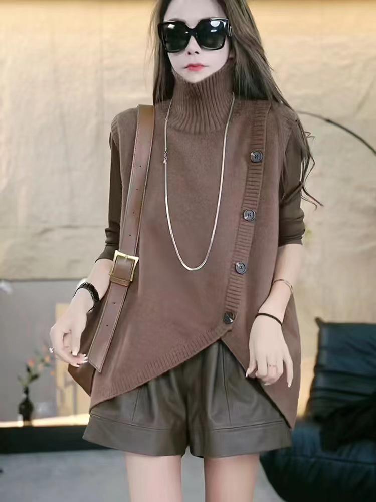 Women's Irregular Knit Sleeveless Sweater Vest - Autumn/Winter 2024, Loose Fit with Half-High Neck