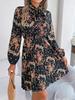 Elegant Floral Lace Up Waist Long Sleeve Pleated Midi Dress For Women