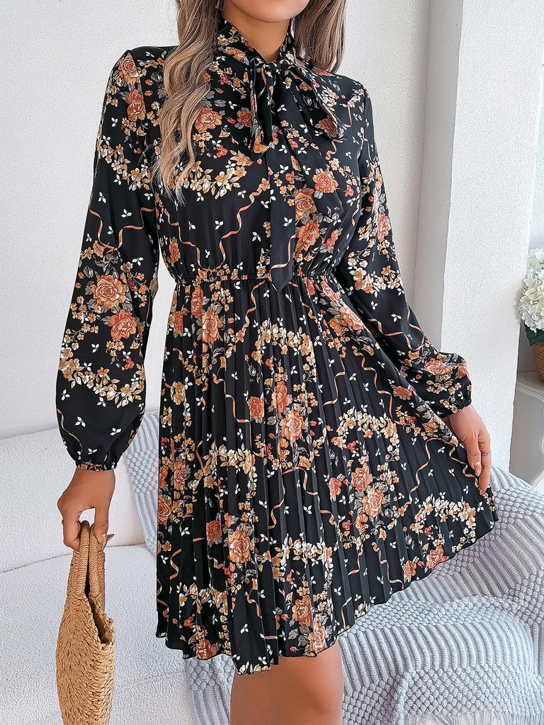 Elegant Floral Lace Up Waist Long Sleeve Pleated Midi Dress For Women