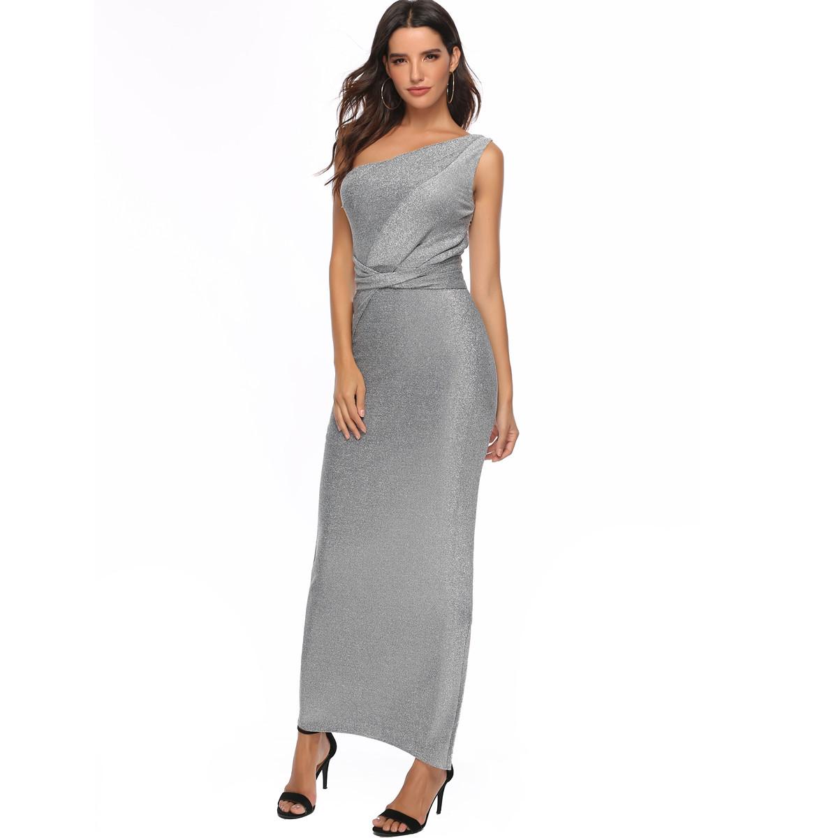 

Popular women s new clothing, one-shoulder bright silk elegant dress dress, European and American large-size solid color dress S серебряный