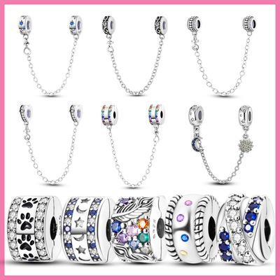 Abalorios Clip Espaciador Cadena de Seguridad Plata de Ley 925 Abalorios Pave Margarita Corazón Apto para Pulsera Original de Moda Joyería Fabricación DIY