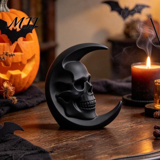 Niche Art Pieces 3D Printed Skull Moon Figurine, Gothic Crescent and Home Accessories Sculpture, Vintage Desktop Statue for Halloween Desk Bookshelf
