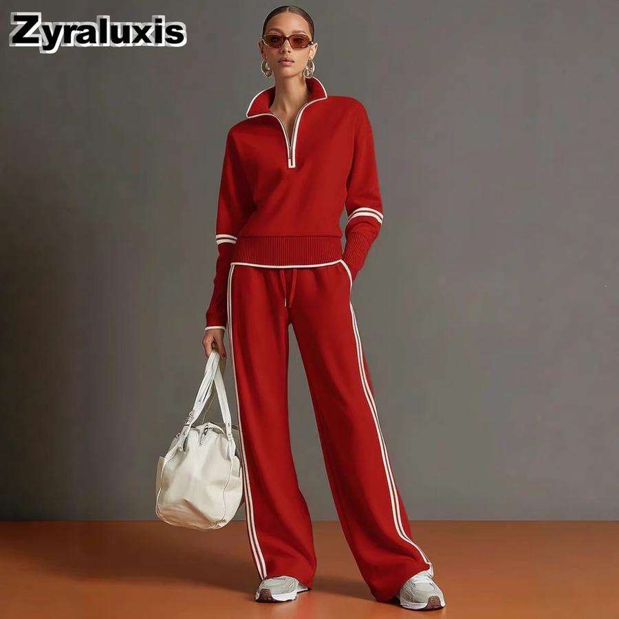 New Casual Sports Set Wind-Breasted Color Block Hoodie Wide Leg Pants Two Piece Outfit