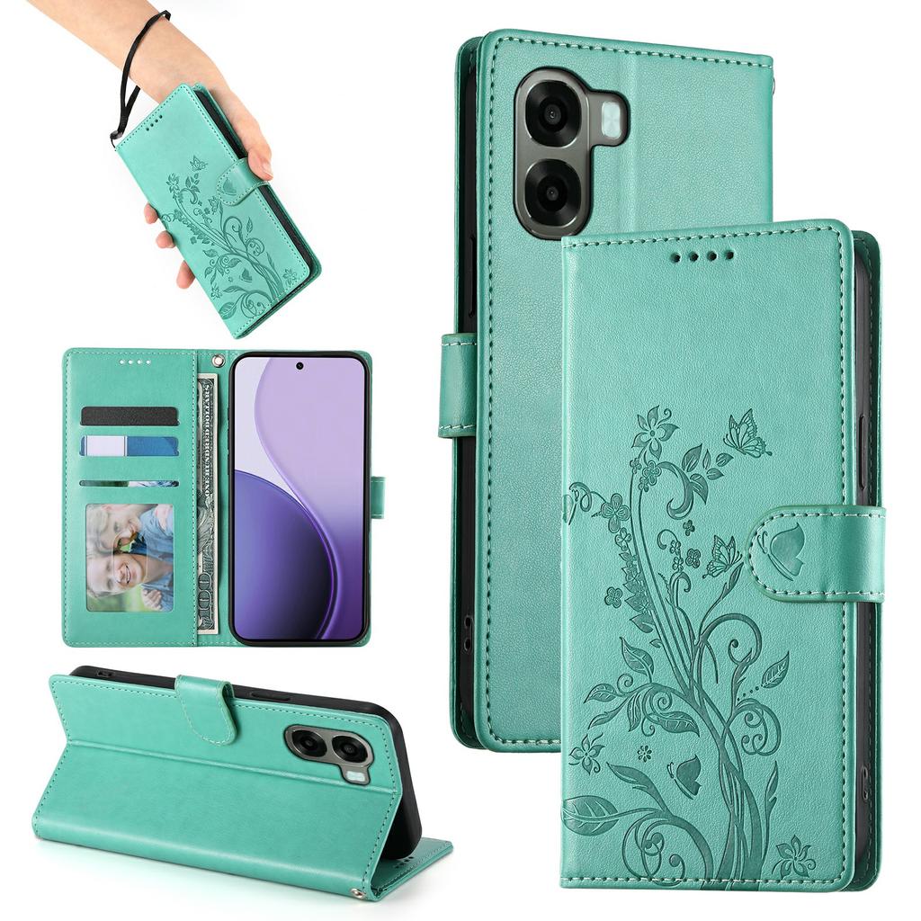 Wallet Case for Oppo A6x 5G / A6x 4G Butterfly Floral Imprint PU Leather Phone Cover with Wrist Strap