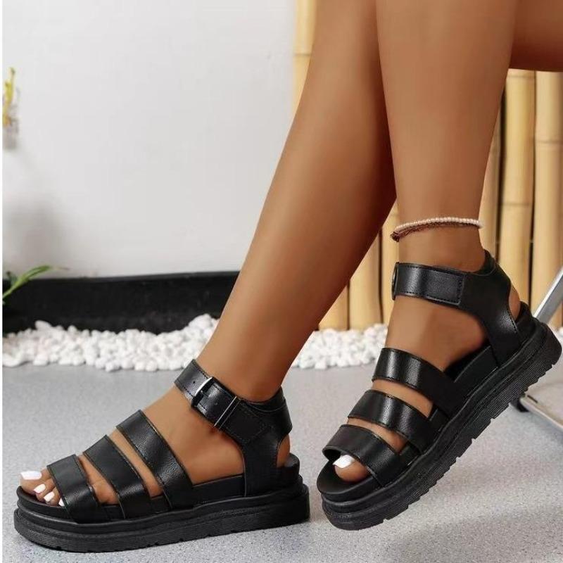 Fashion New Women's Leather Roman Sandals  Women's Sandals Summer Thick-soled Sandals Fingerless Metal Buckle Stitching Fashion Shoes