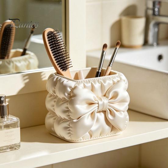 Tubular Pen And Brush Organizer Bow Holder, Silk Texture High-Density Case, Large Design Makeup Holder Capacity Elegant Organizer, for Desktop Storage