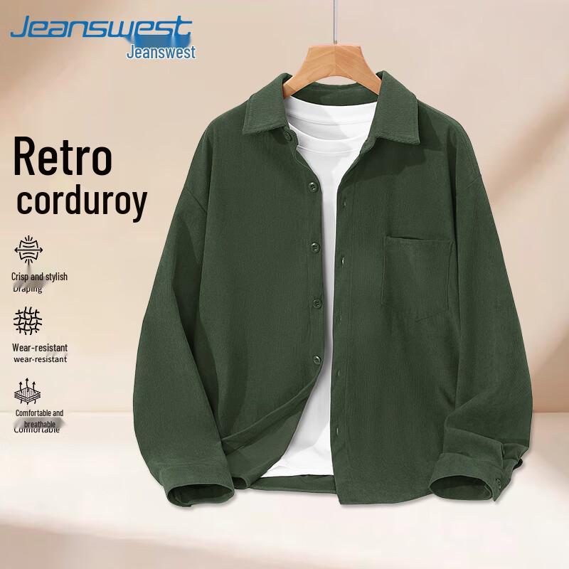 Jeanswest Men s Retro Corduroy Loose Fit Long Sleeve Shirt Jacket XL оливковое зеленый