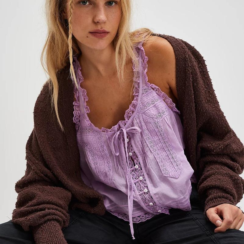 

Жіноча майка без рукавів з мереживною обробкою, повсякденна літня жилетка-камі в різних кольорах L світло-фіолетового кольору