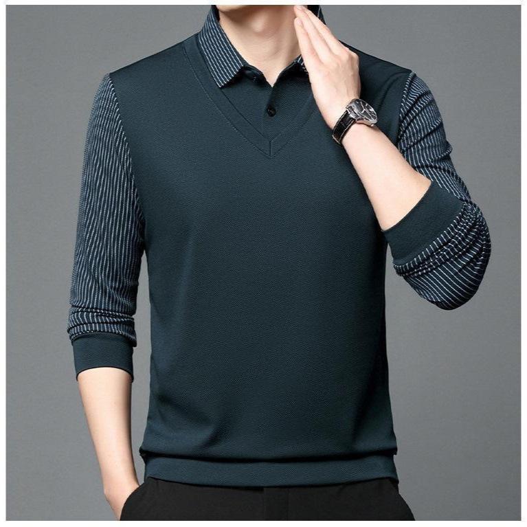 Men's Casual Long Sleeve Polo Shirt Polyester & Spandex Blend, Lapel Collar, Striped Knit Fabric with Slight Stretch, Button Detail, Spring/Fall Wear