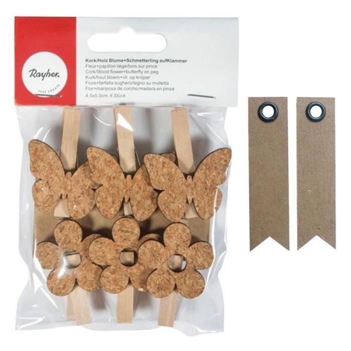 Pinces à linge en bois - Non spécifié - Fleurs & Papillons - 6 pièces - Étiquettes kraft - Décoration intérieure