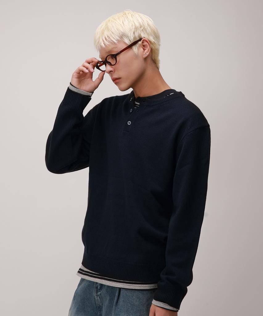 Dibellobeu Daily Henley Neck Round Knit_ Navy
