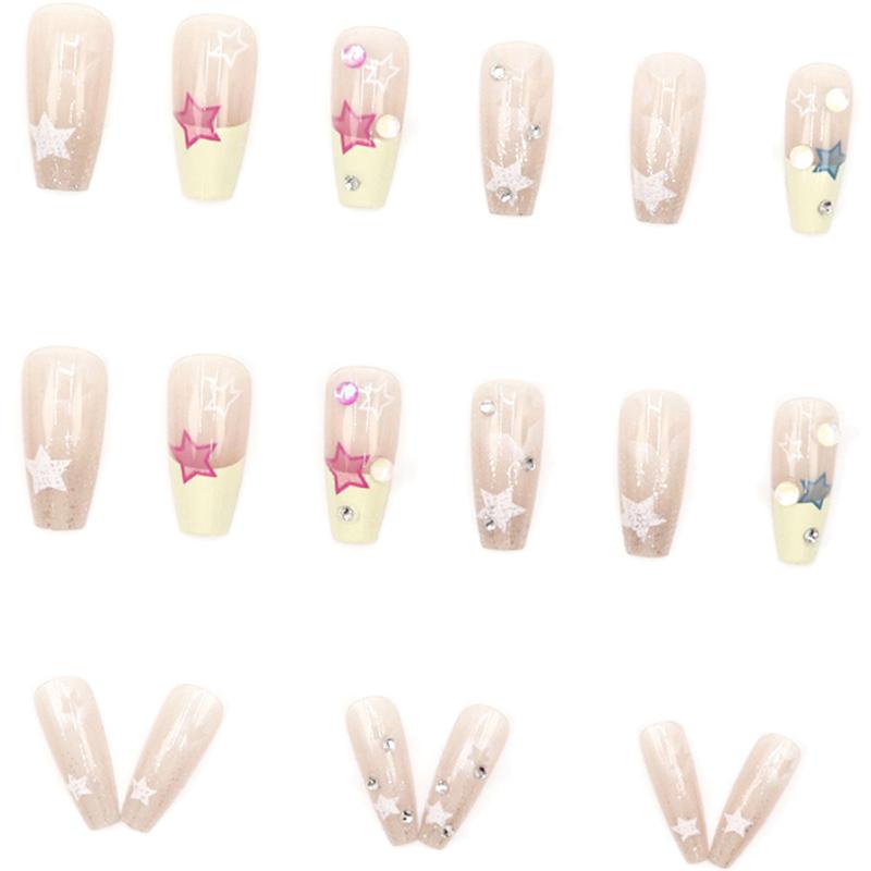 

24Pcs Long Nails Sweet Cute Sparkling French Stars Square Head Press On Fake Nails Detachable Full Cover Nail Tips Art With Glue