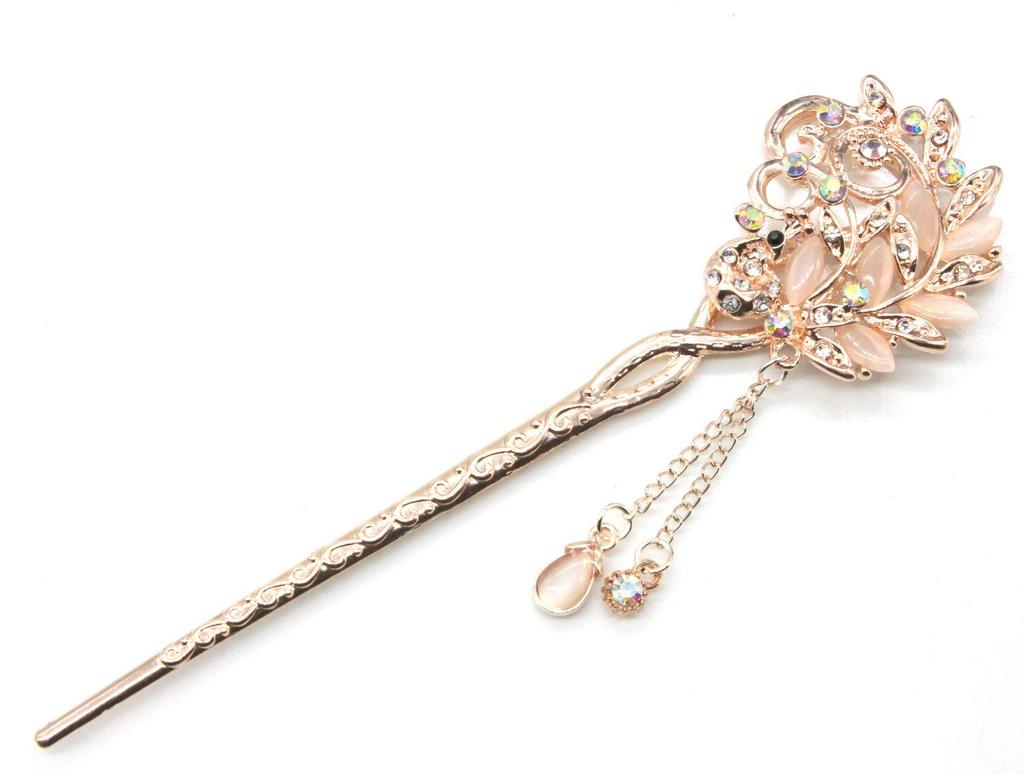 MiaoMiao Single for and Traditional Japanese Metallic Peacock with Crystal and Pink Gold Miaomyao Hairpin, Hairpin, Kimono, Yukata, Clothing, Design,