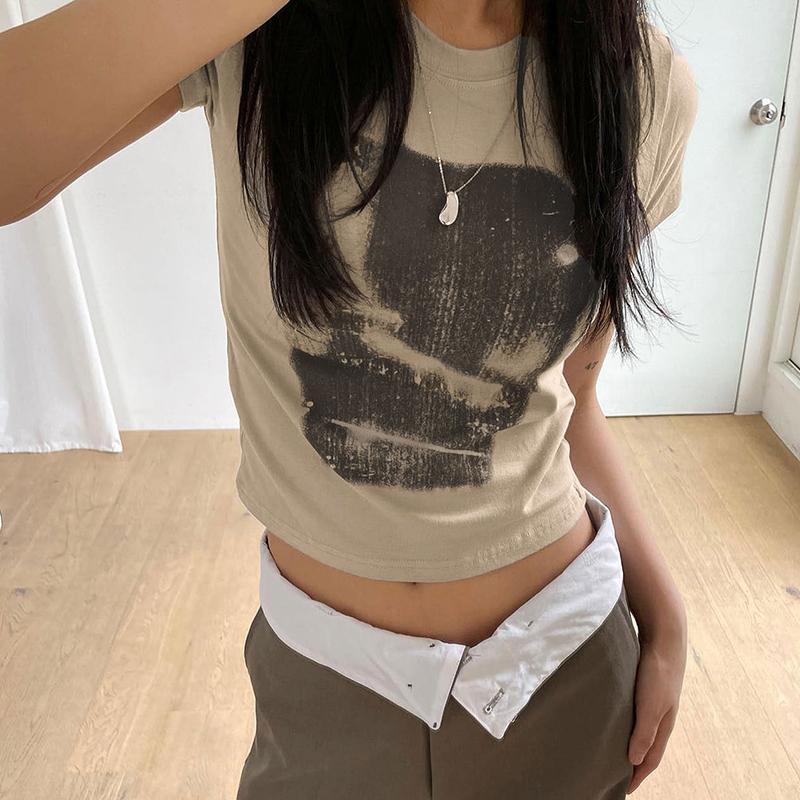 Vintage Chic Print y2k Crop Top Crewneck Slim Short Sleeve T-shirt Summer Harajuku  Streetwear y2k Retro Tees Shirt Women