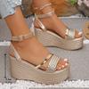 Pu Leather Weave Wedge Sandals for Women Fashion Gold Chunky Platform Sandals with Ankle Strap Summer Thick Bottom Beach Shoes