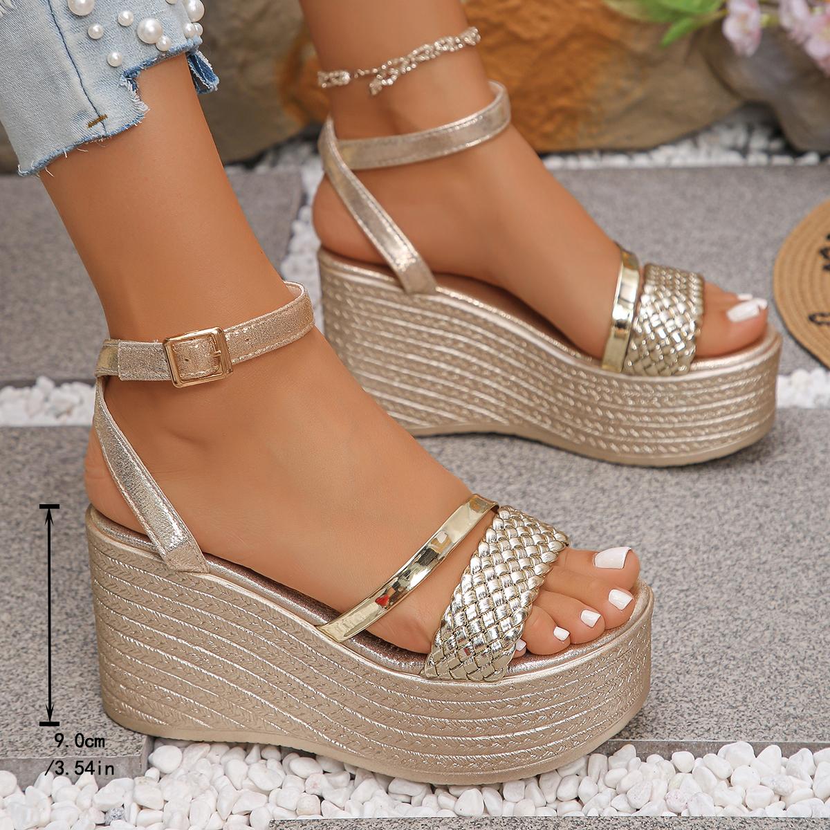

Fashion Pu Leather Weave Wedge Sandals for Women Fashion Gold Chunky Platform Sandals with Ankle Strap Summer Thick Bottom Beach Shoes 43 золотой