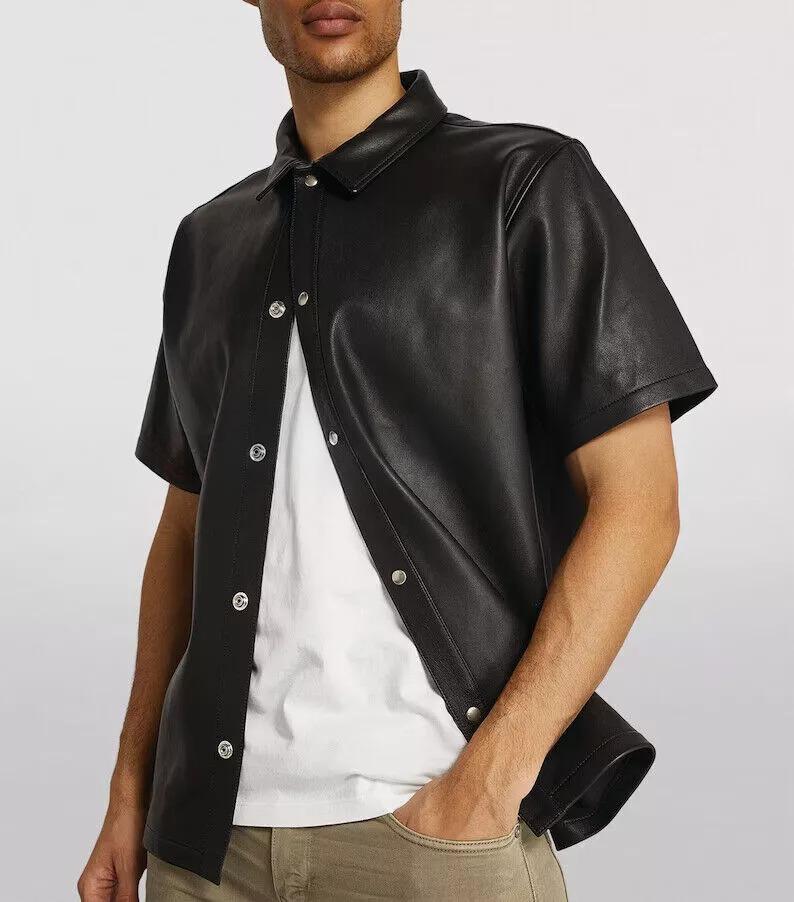 

Черная мужская кожаная рубашка ручной работы из натуральной овчины, стильная байкерская, мотоциклетная, повседневная S чёрный