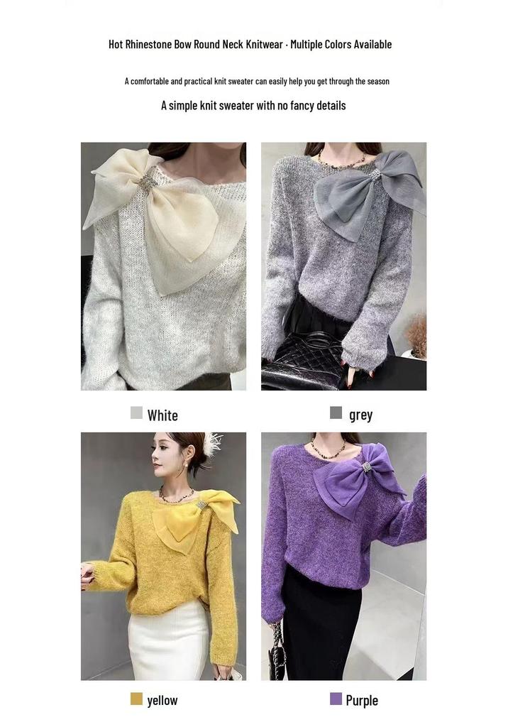 Elegant Bow Knit Sweater - Women's Fashionable Autumn/Winter Base Layer Knitwear
