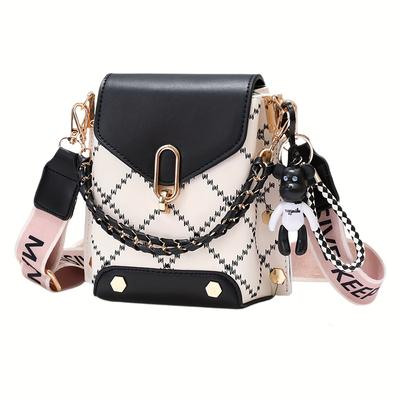 Mini Borsa a Tracolla da Donna a Quadri con Decorazione a Catena, Mini Borsetta a Spalla con Patta, Classica Borsa a Spalla con Larga Tracolla