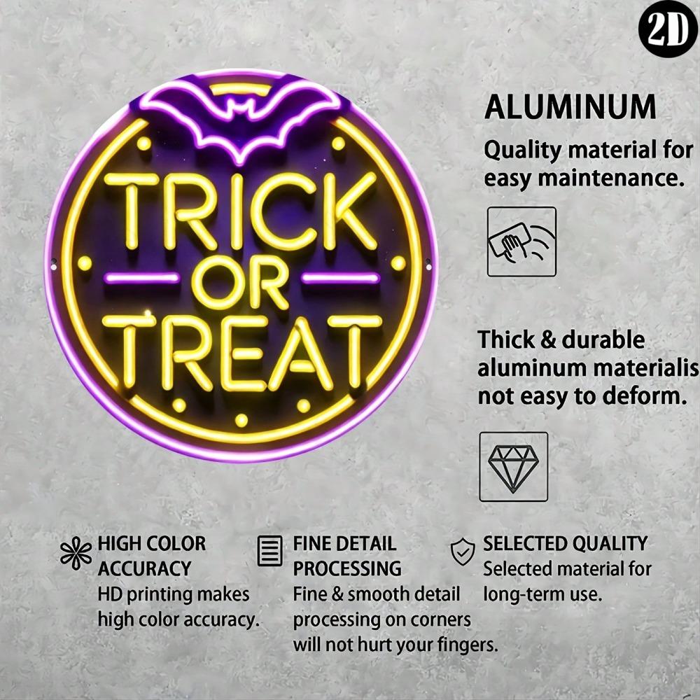 Halloween Trick or Treat Round Neon Metal Sign 8x8 Inch Aluminum Wall Art Home Office Decor Indoor Outdoor Bar Cafe