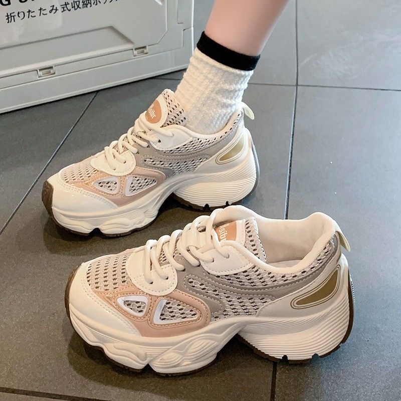 New Summer Leather Dad Shoes Simple Mesh Versatile Thick-soled Breathable Running Shoes