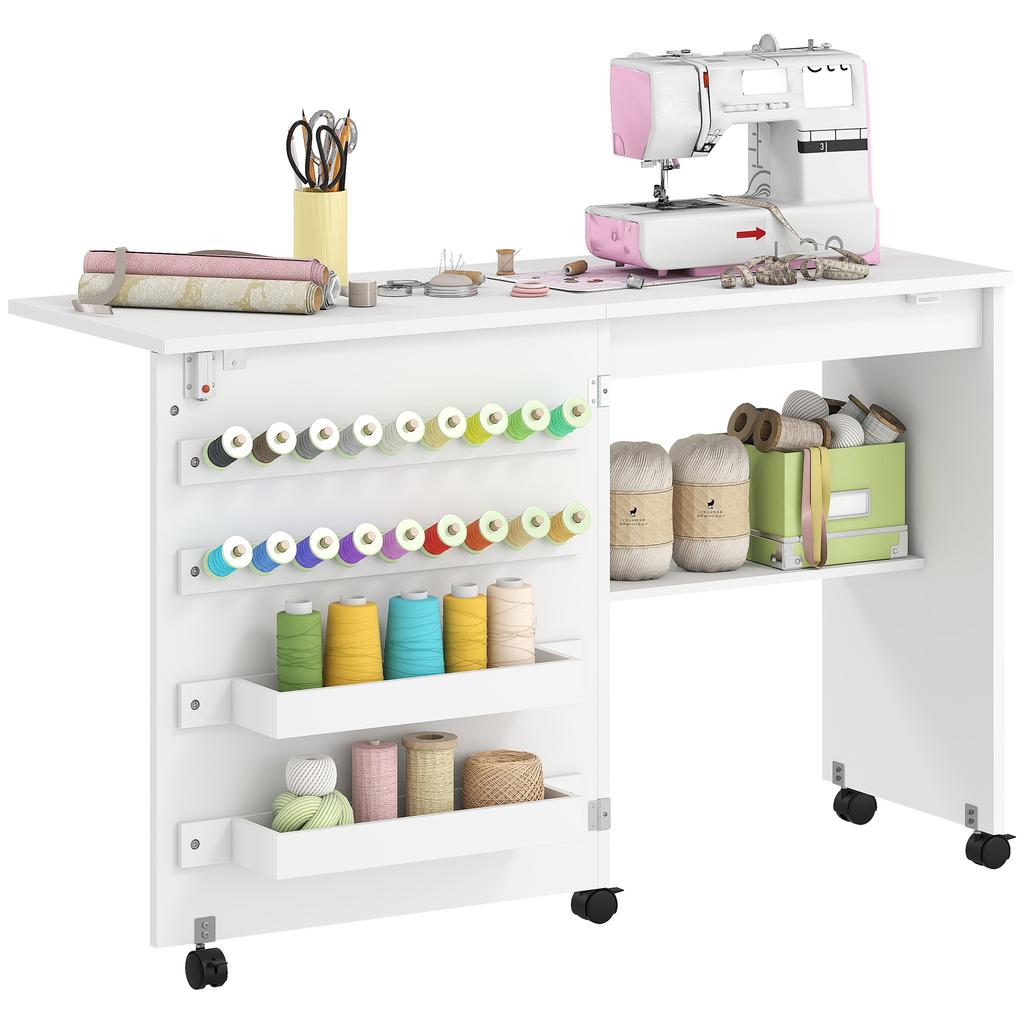 Folding Sewing Table, Rolling Sewing Furniture, Barn Door Magnetic, 2 Bins, Shelf, 18 Pegs, White