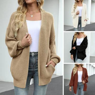 Feminino outono inverno lanterna manga longa cardigan camisola aberta frente cor sólida meados de comprimento tricô casaco streetwear