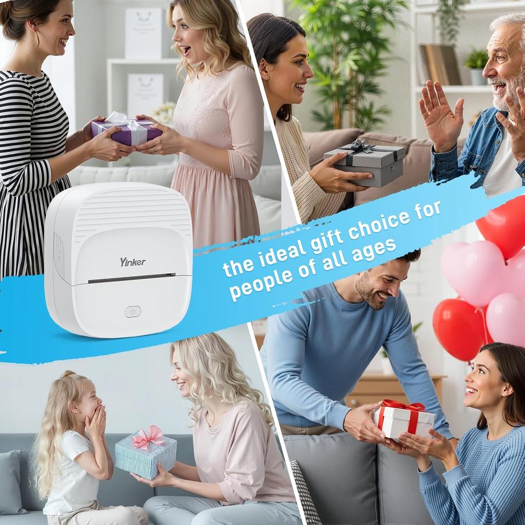 Mini Sticker Printer, Portable Thermal Inkless Printer with Auto-Calibration, Bluetooth Compact Label Maker with 7 Rolls (3 Paper Types) & 6 Colored