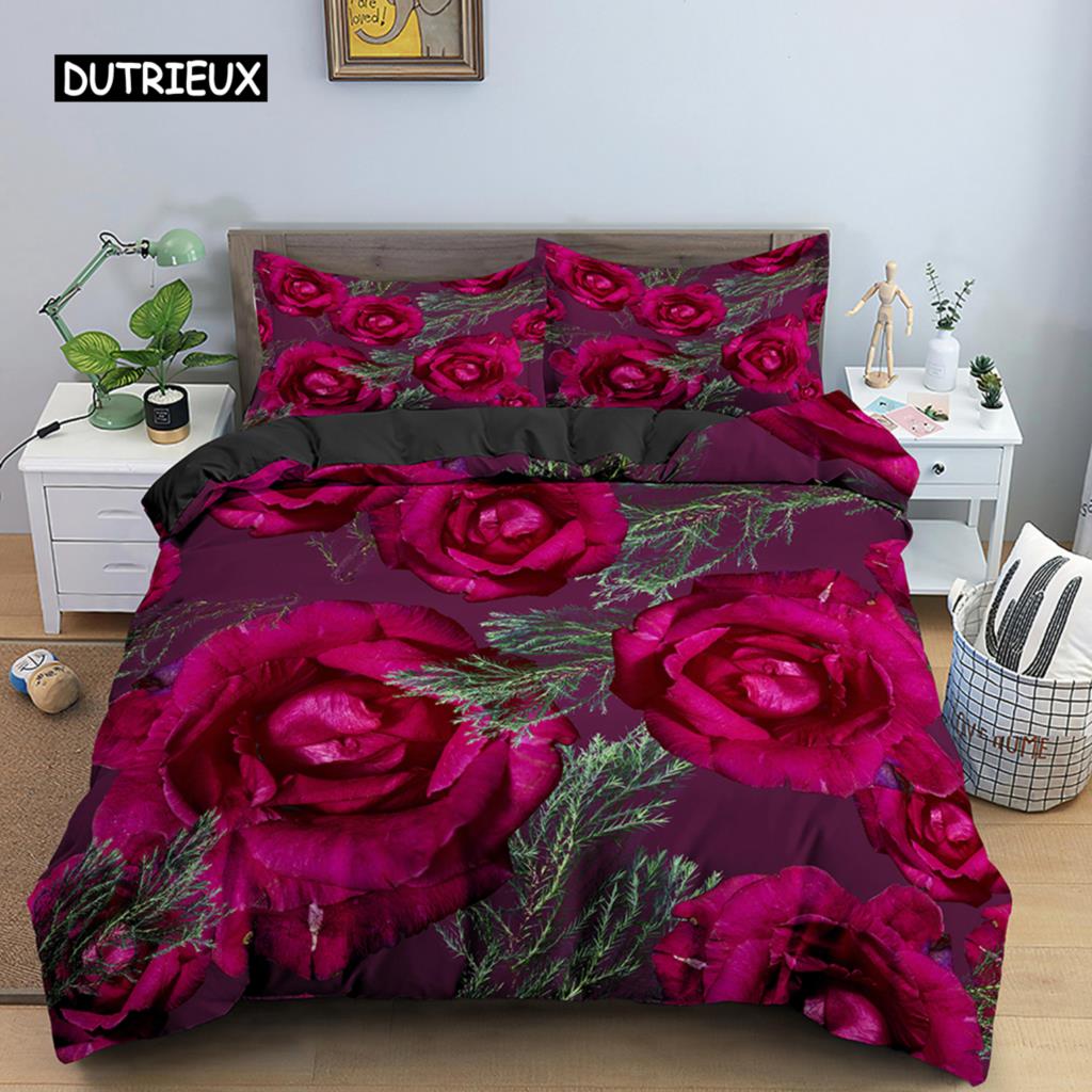 Valentine's Day Wedding Bedding Set 2/3 Pcs Luxurious Rose Love Heart Duvet Cover King Microfiber 3D Red Rose Print Quilt Cover