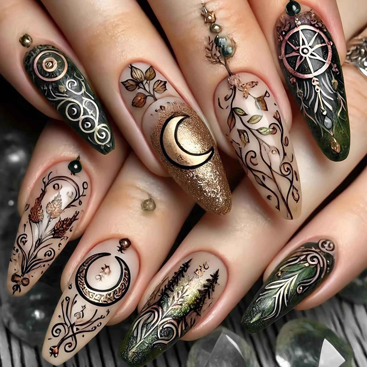 Retro Moon Leaves Nail Art Tips - Medium Almond Shape, 24-Piece Set