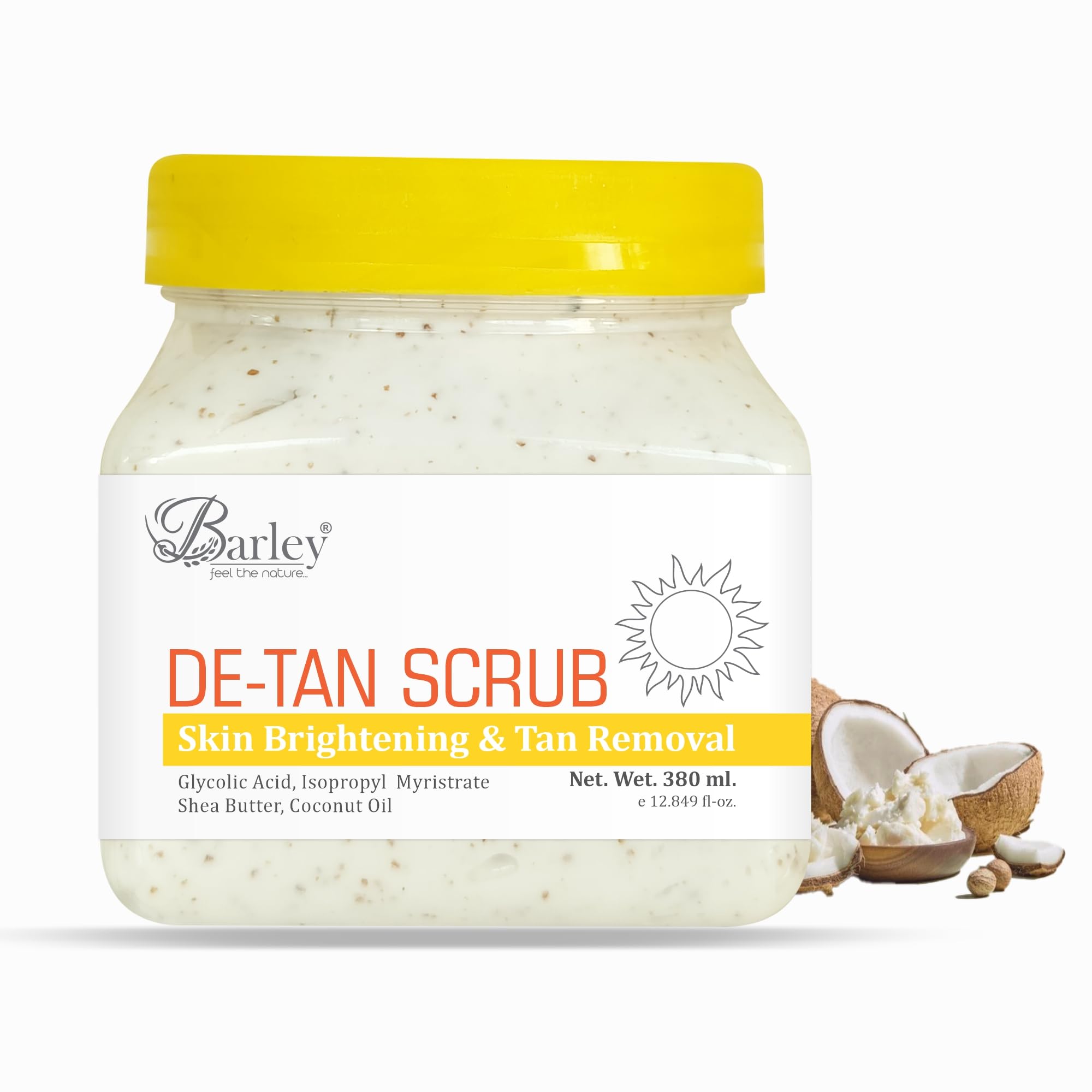 Barley De-Tan Scrub for Skin Brightening & Tan Removal | Glycolic Acid, Shea Butter & Coconut Oil | Face & Body Exfoliating Cream Scrub for Smooth