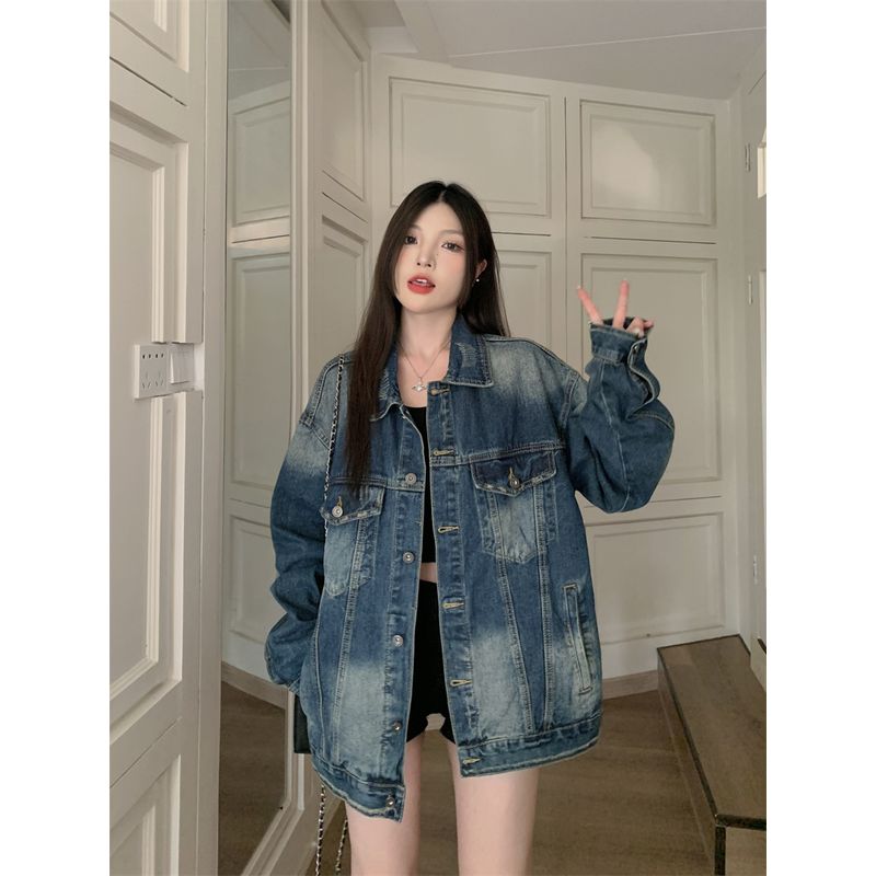 

Kumikumi Retro Distressed Blue Denim coat Women Autumn Mid-Length Loose Slimming Versatile Jacket Top Blue 2XL