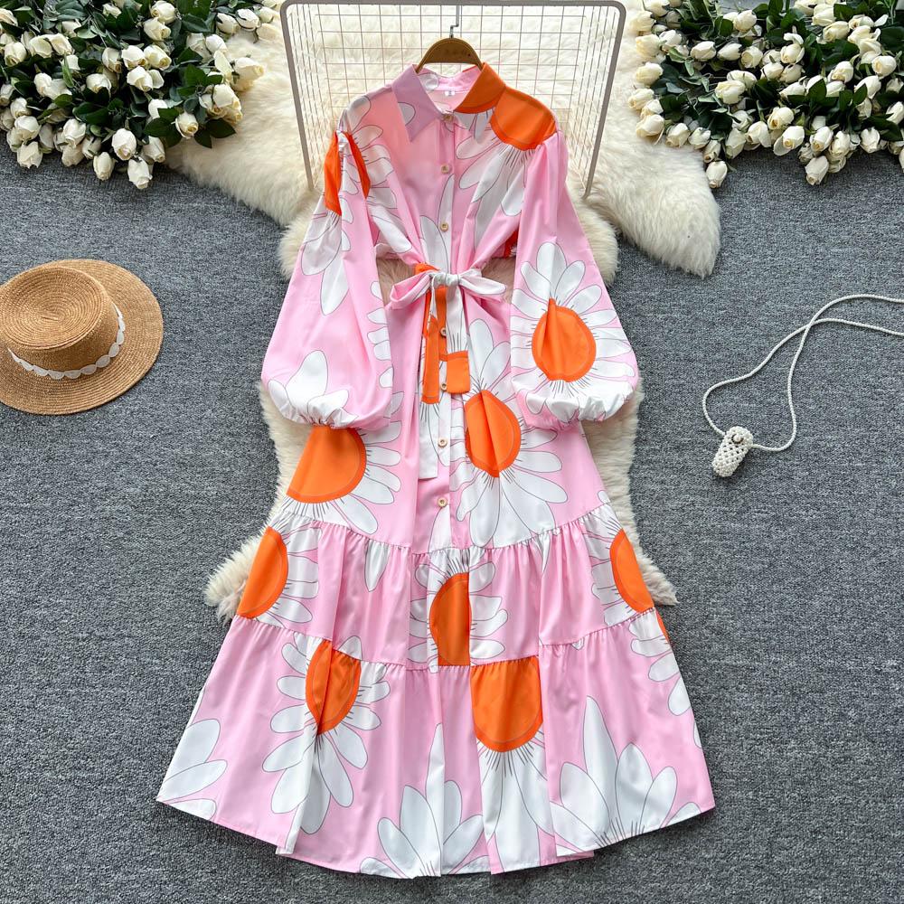 Chic Vintage Sexy Buttonn Ruched  Print Slim Elegant Fairy Summer  Korean Fashion Boho Sundress Women Clothing Long Dress
