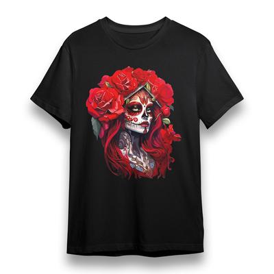 Camiseta Plus Size Feminina com Estampa de Caveira de Açúcar Mexicana Preta 100% Algodão