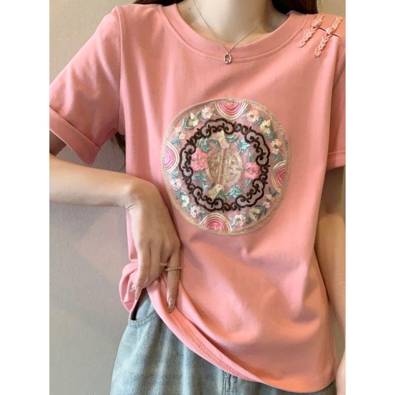 Plus Size Women's Clothing Chinese Style Summer Retro Sweet round Neck Chinese Knot Button Fashion Girlish Style Casual Short Sleeve T-shirt L-4XL