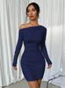 2025 European and American Fashion and Sexy Pleated Slim-fitting Long-sleeved Hip-wrapped Diagonal Neck Solid Color Dress Women's Clothing