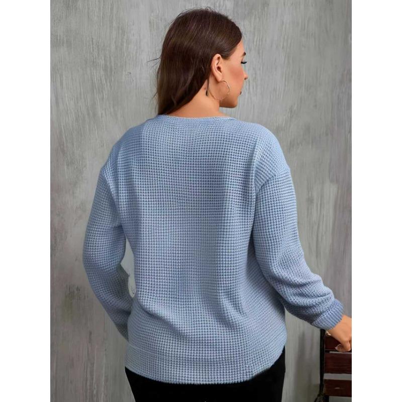 Plus Size Waffle Long Sleeve Crew Neck Loose Solid Color Casual Knit Pullover Sweatshirt For Women
