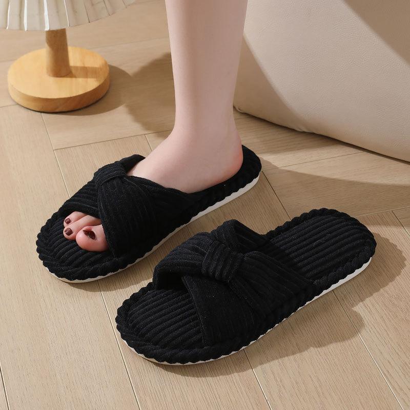 Corduroy Cross Strap Home Slippers for Women Open Toe Non Slip Cotton Indoor Shoes Mens and Womans Lightweight Comfort Bedroom Slippers