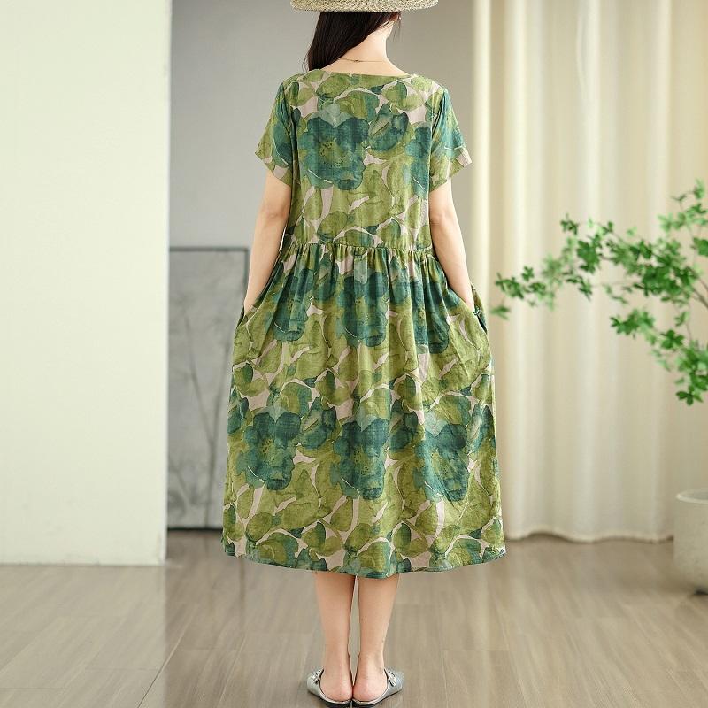 Kurzarm Plus Size Baumwolle Vintage Blumenmuster Neu in Kleidern für Damen lässig locker langes Sommerkleid